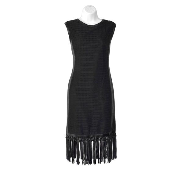 A8 NEW EVA MENDES Ravenna Black Faux Leather Panels & Fringe Dress Size 6 - Picture 1 of 7